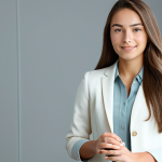 A serene young adult woman with impeccably clear, glowing skin, wearing a professional, modest, light-colored blouse and blazer. She stands in a clean, bright environment with soft, diffused lighting, conveying a sense of purity and health. This image emphasizes radiant skin achieved through balance and scientific understanding. safe for work, appropriate content, fully clothed, professional dress, perfect anatomy, correct proportions, natural pose, well-formed hands, proper finger count, natural body proportions, high quality studio photography, soft focus background.