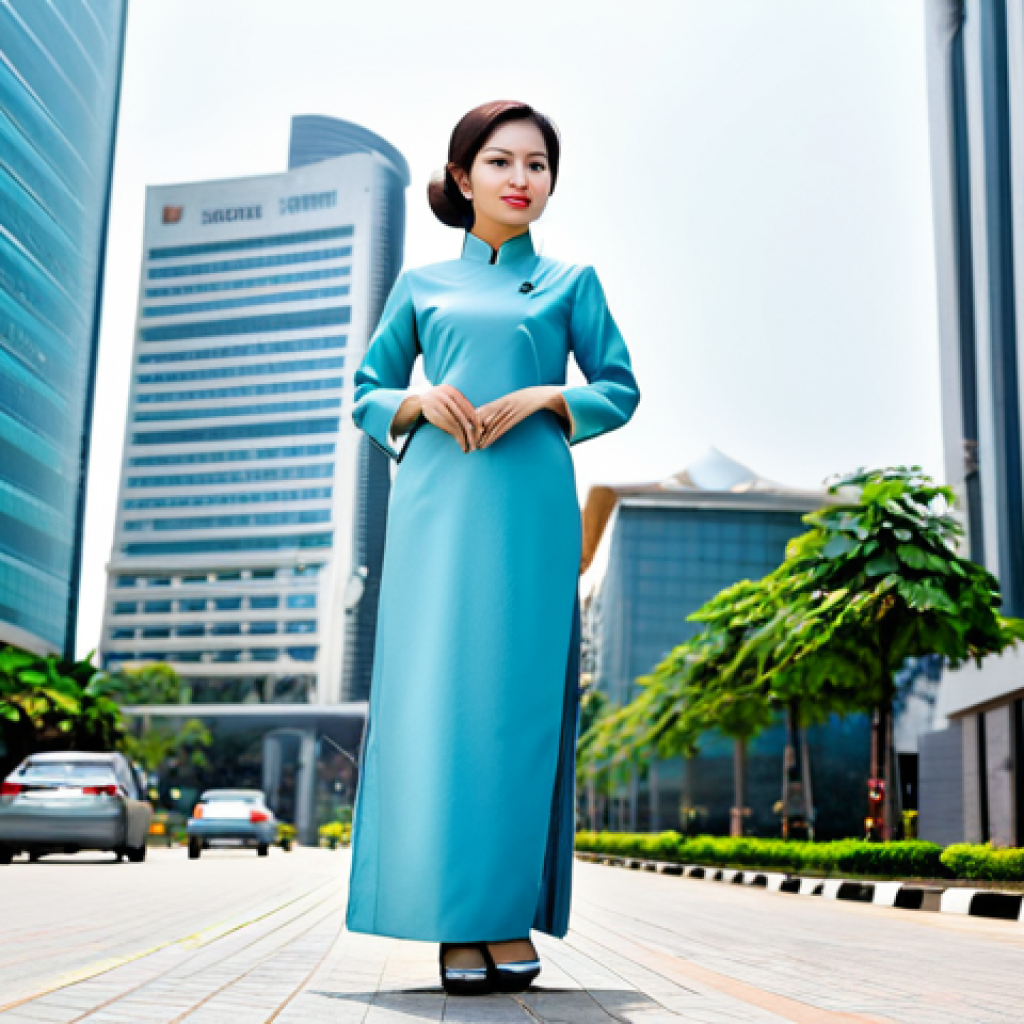프로바이오틱 스킨케어 제품 추천 - **Subject:** A professional businesswoman in a modest Ao Dai, standing in front of the Bitexco Finan...