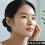 Home 22 프로바이오틱 스킨케어가 민감성 피부에 좋은 이유 - A close-up portrait of a young Vietnamese woman with sensitive skin gently applying a probiotic seru...
