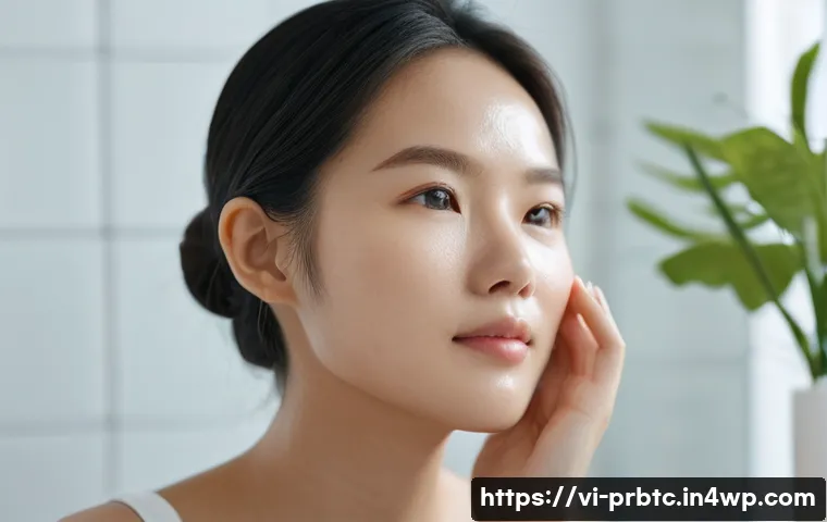 프로바이오틱 스킨케어가 민감성 피부에 좋은 이유 - A close-up portrait of a young Vietnamese woman with sensitive skin gently applying a probiotic seru...