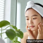 Home 20 프로바이오틱 스킨케어와 면역 시스템 - A close-up, detailed image of a Vietnamese woman gently applying probiotic serum on her clean face i...
