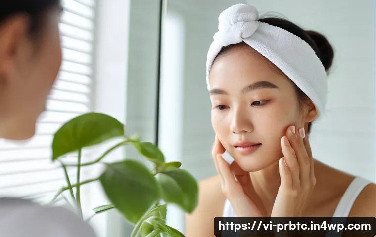 프로바이오틱 스킨케어와 면역 시스템 - A close-up, detailed image of a Vietnamese woman gently applying probiotic serum on her clean face i...