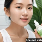 Home 19 프로바이오틱 성분이 피부에 미치는 영향 - A close-up, hyper-realistic image of a young Vietnamese woman with smooth, glowing skin applying a p...