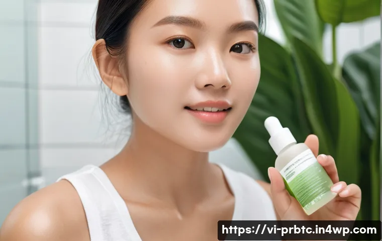 프로바이오틱 성분이 피부에 미치는 영향 - A close-up, hyper-realistic image of a young Vietnamese woman with smooth, glowing skin applying a p...