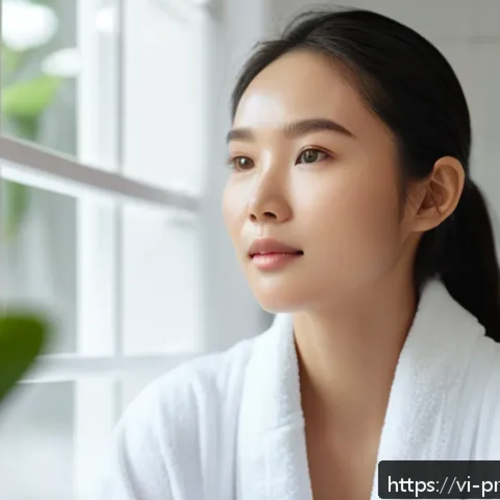 프로바이오틱 스킨케어로 팬데믹 이후 피부 관리하기 - A close-up portrait of a young Vietnamese woman with clear, glowing skin applying a lightweight prob...