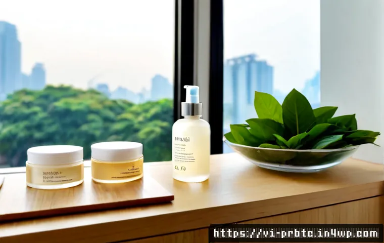 Home 17 프로바이오틱 스킨케어와 화학 성분 - Photorealistic skincare comparison scene on a clean light-wood vanity in a modern Vietnamese apartme...